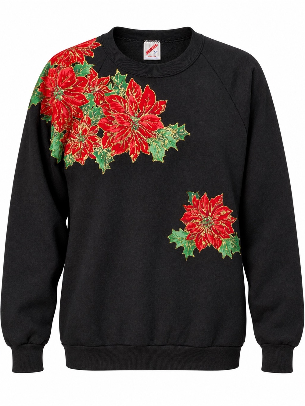 Vintage 90s Poinsettia Floral Christmas Sweatshirt Black US Made Large
